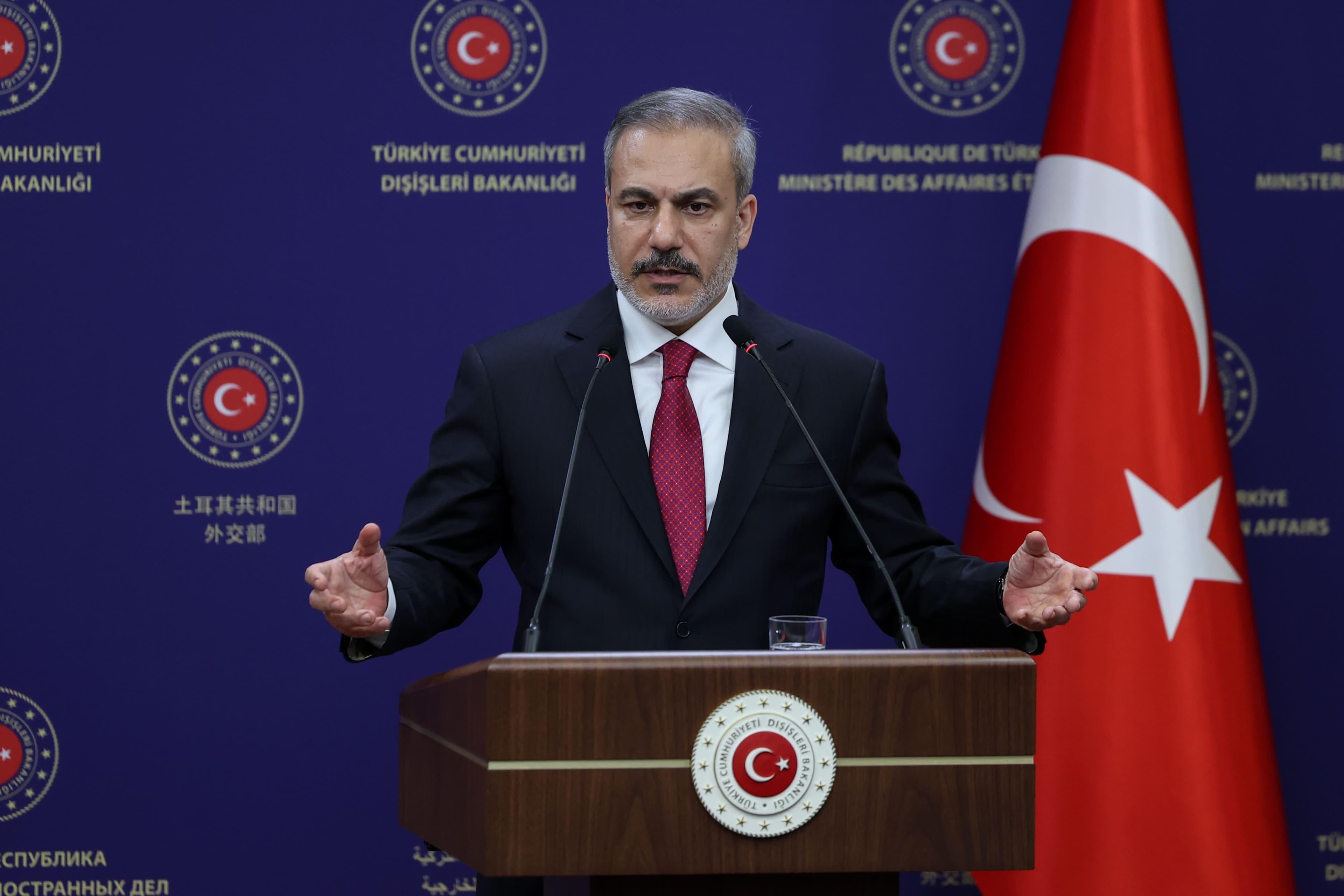 Turkish Foreign Minister Hakan Fidan speaking during a joint press conference with his Belgian counterpart in Ankara on January 2, 2024. Photo: AA