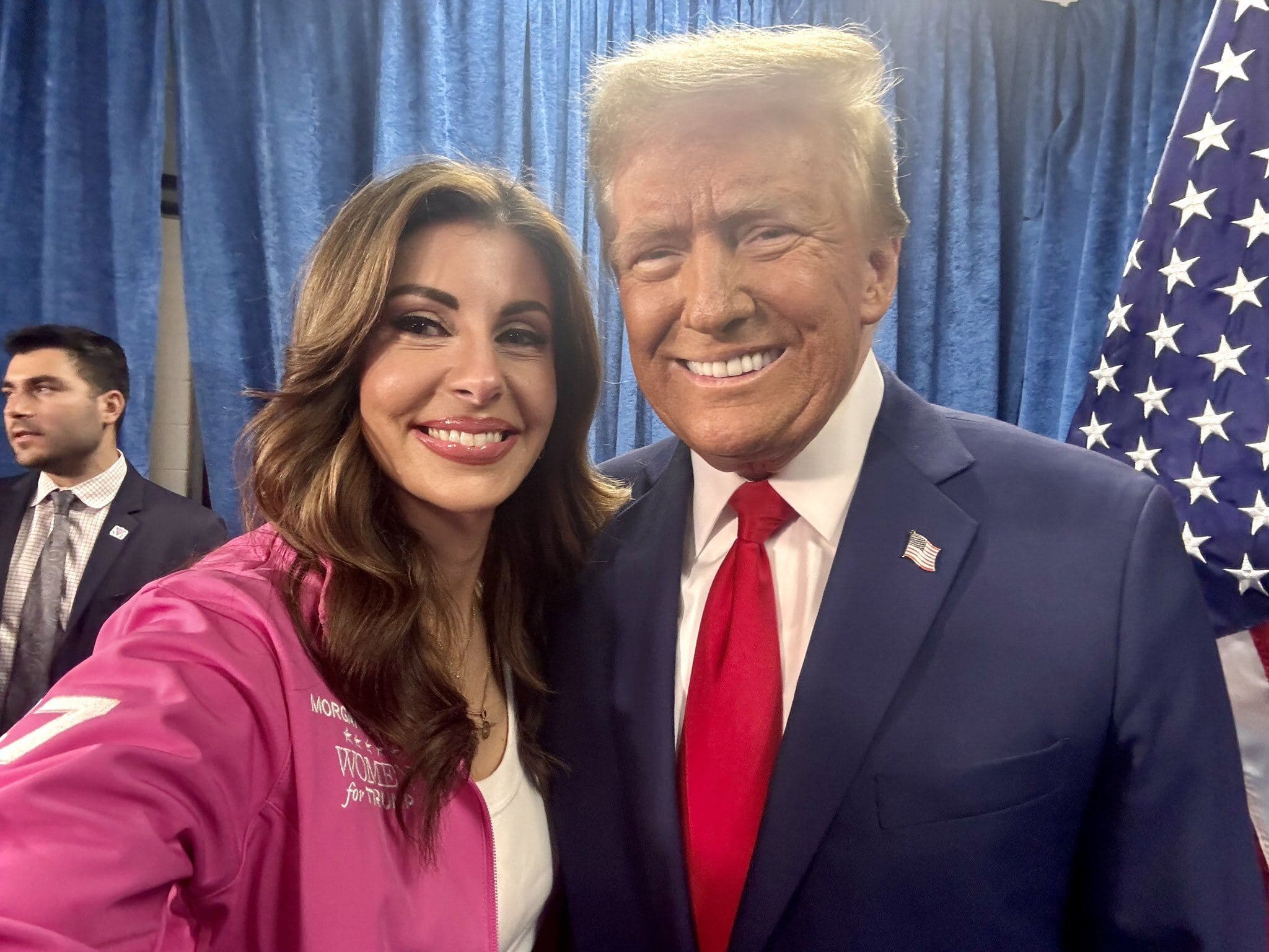 Morgan Ortagus (left) posing for a photo with US President-elect Donald Trump on November 5, 2024 following his election victory. Photo: Morgan Ortagus/X