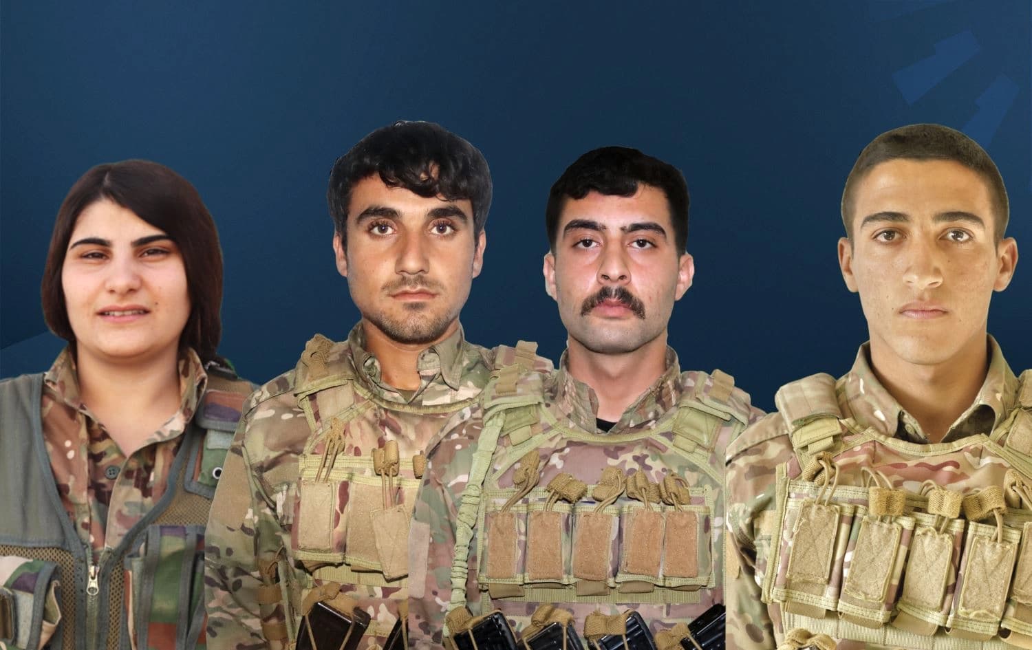 Avaşîn Efrîn, Xemgîn Horik, Azad Tirbespiyê û Reşo Amûdê (Ji milê çepê ve) / Wêne: Rûdaw Grafîk 