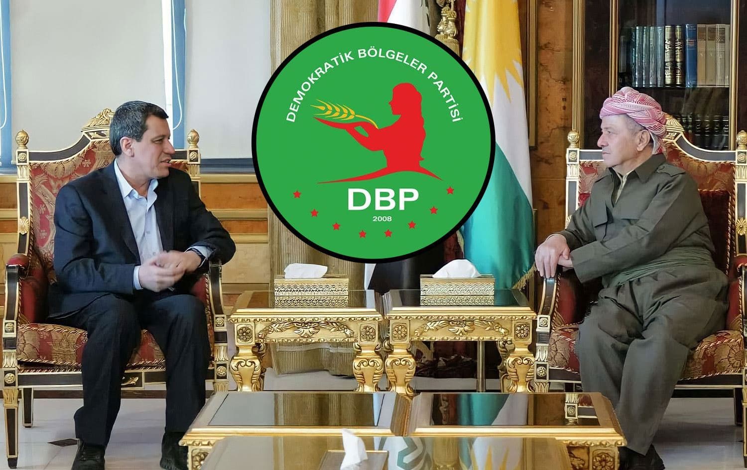 Logoya DBPyê û civîna Serok Barzanî û Mezlûm Ebdî / Wêne: Rûdaw Grafîk