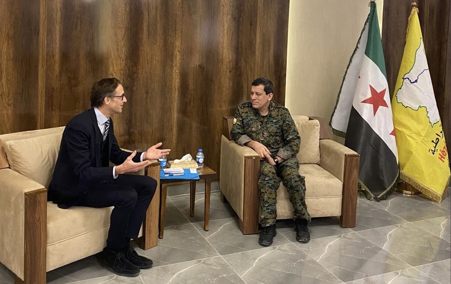 SDF chief Mazloum Abdi (right) and Tobias Tunkel, MENA director of German foreign office (left) meeting in northeast Syria (Rojava) on January 19, 2025. Photo: Tobias Tunkel/X