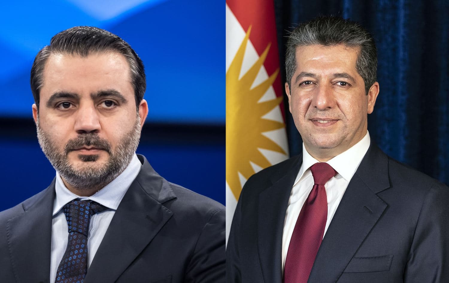 Kurdistan Region Prime Minister Masrour Barzani (right). Photo: KRG. Syrian Foreign Minister Asaad Hassan al-Shaibani (left). Photo: AFP