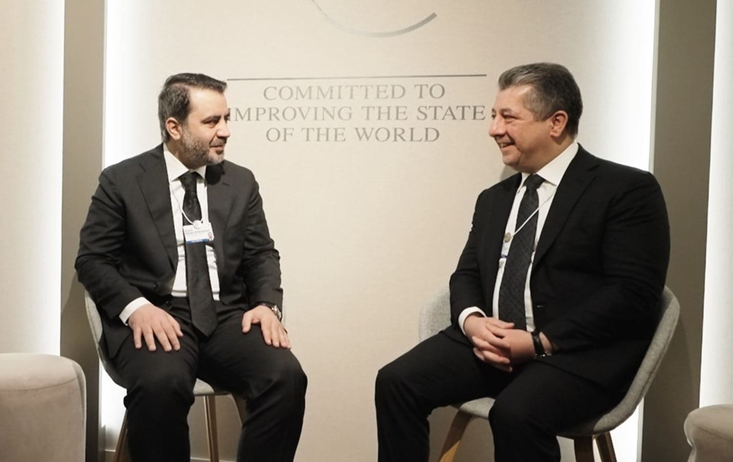 Syrian Foreign Minister Asaad Hassan al-Shaibani (left) and Kurdistan Region Prime Minister Masrour Barzani (right) in a meeting at the World Economic Forum in Davos, Switzerland on January 23, 2024. Photo: KRG