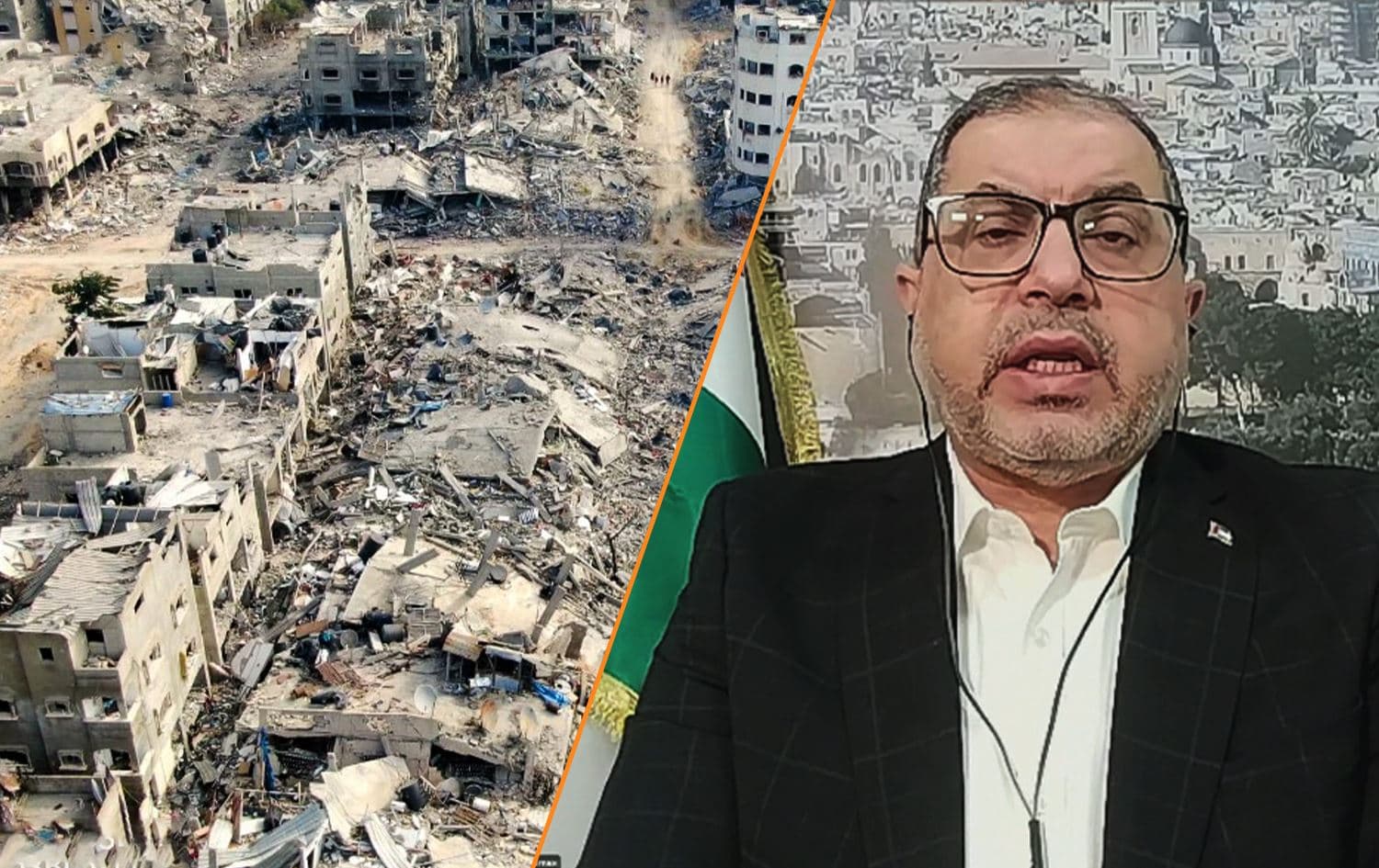 From left: Gaza in ruins [Photo: AFP], and Hamas official Basim Naim speaking to Rudaw on January 23, 2025. Graphic: Rudaw 