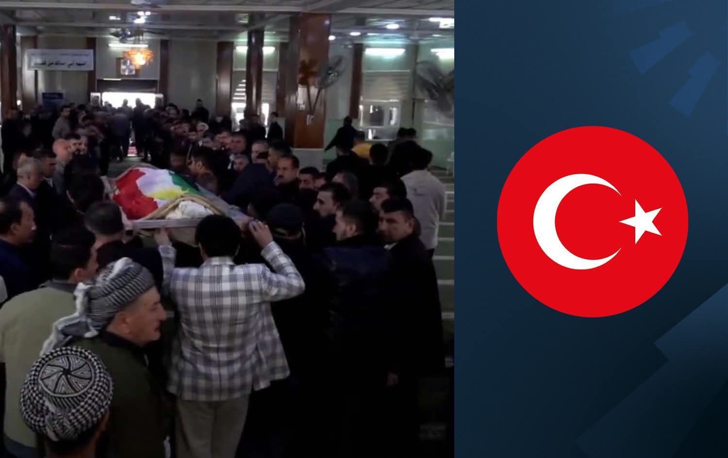From left: family of one of the Iraqi guards killed in Duhok province taking his body out of a mosque to be buried on January 24, 2025, and Turkish flag. Graphic: Rudaw