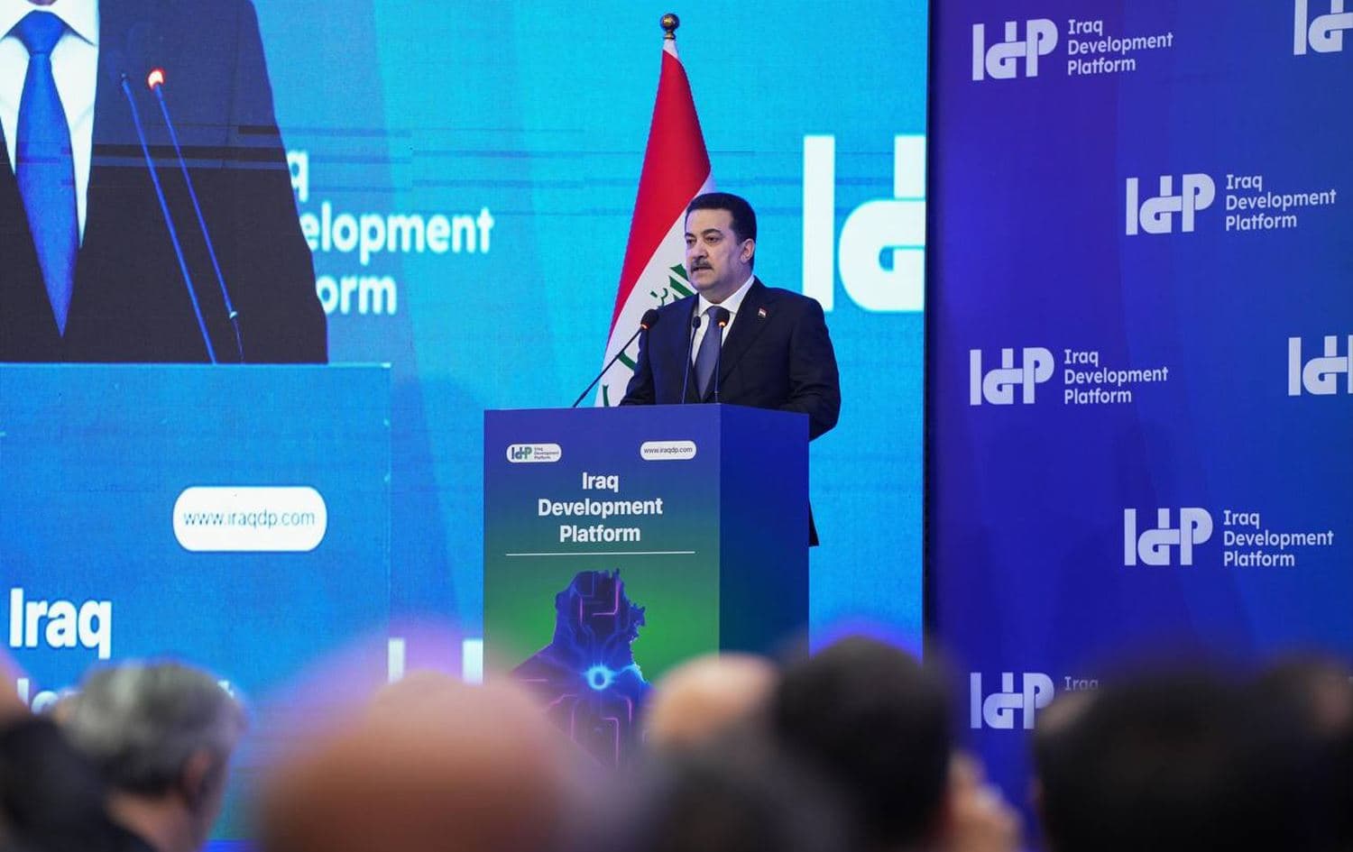 Iraqi Prime Minister Mohammed Shia’ al-Sudani speaking at the Iraq Development Platform conference in Baghdad on January 28, 2025. Photo: Sudani’s office