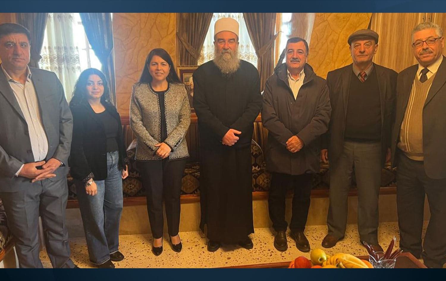 A Syrian Democratic Council (SDC) delegation in the southern Suwayda province meeting with Druze spiritual leader Sheikh Hikmat Salman al-Hijri on January 28, 2025. Photo: SDC