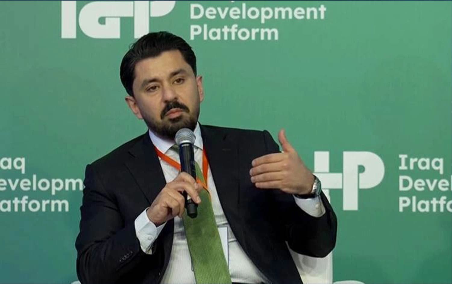 Ahmed Mufti, the Kurdistan Regional Government’s (KRG) deputy natural resources minister speaking at the Iraq Development Platform conference in Baghdad on January 28, 2025. Photo: Rudaw