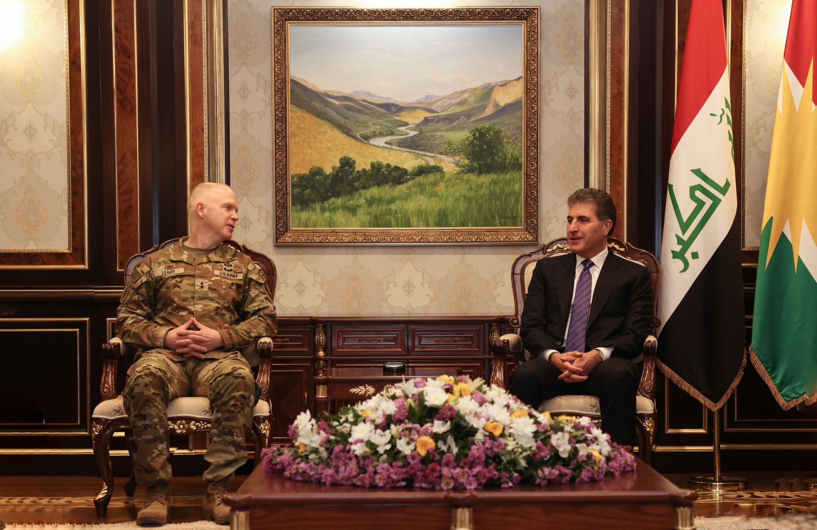 Kurdistan Region President Nechirvan Barzani received anti-ISIS coalition commander Major General Kevin Leahy in Erbil on February 4, 2025. Photo: Kurdistan Region Presidency