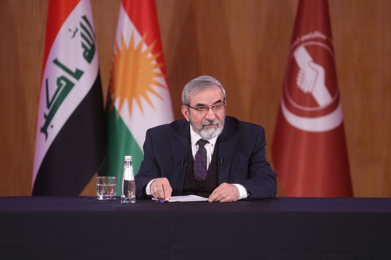 Kurdistan Islamic Union (KIU) Salahaddin Bahaddin speaking to journalists on February 5, 2025. Photo: Salahaddin Bahaddin/Facebook