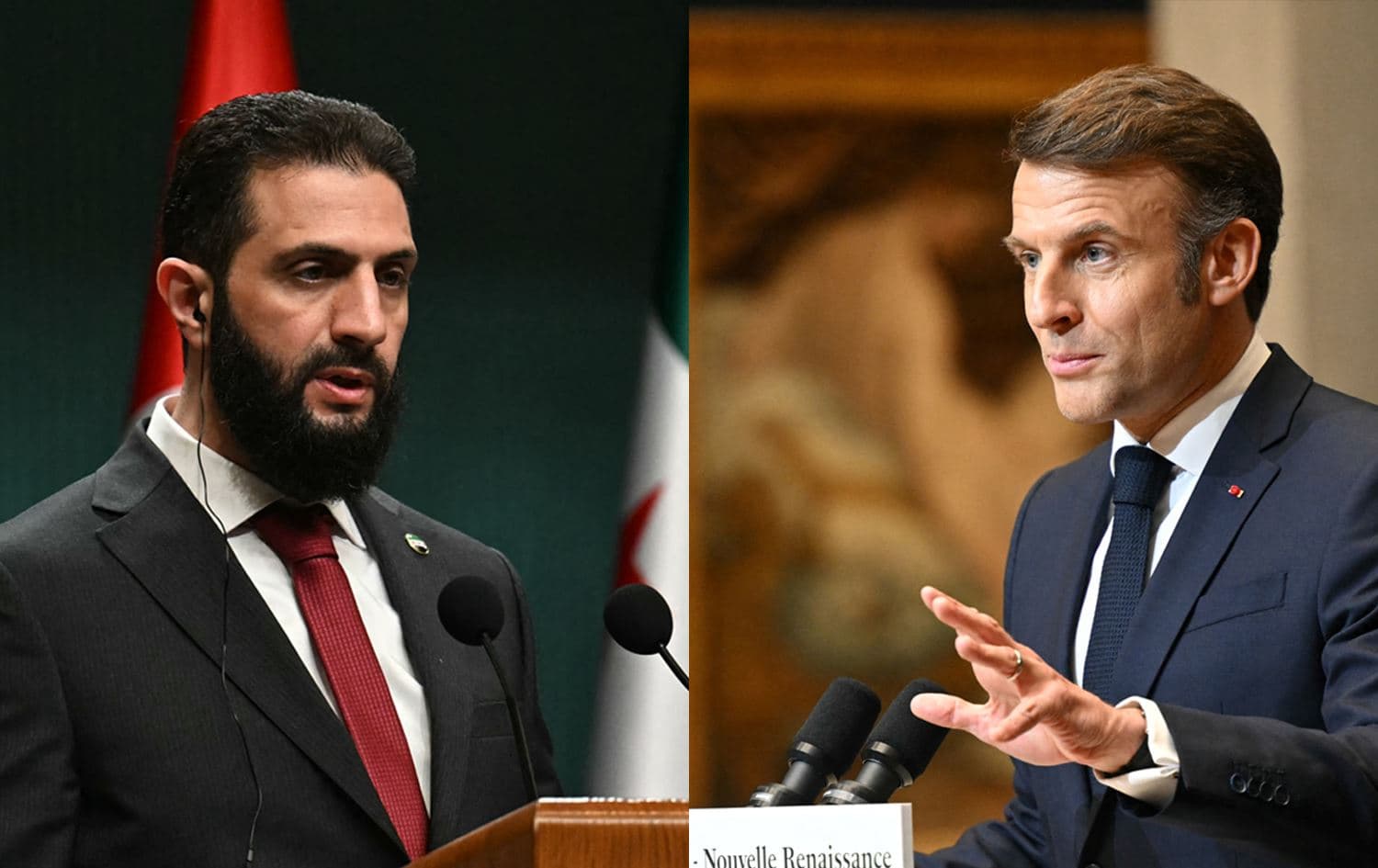 Syrian interim president Ahmed al-Sharaa (left) and French President Emmanuel Macron (right). Photos: AFP Graphic: Rudaw