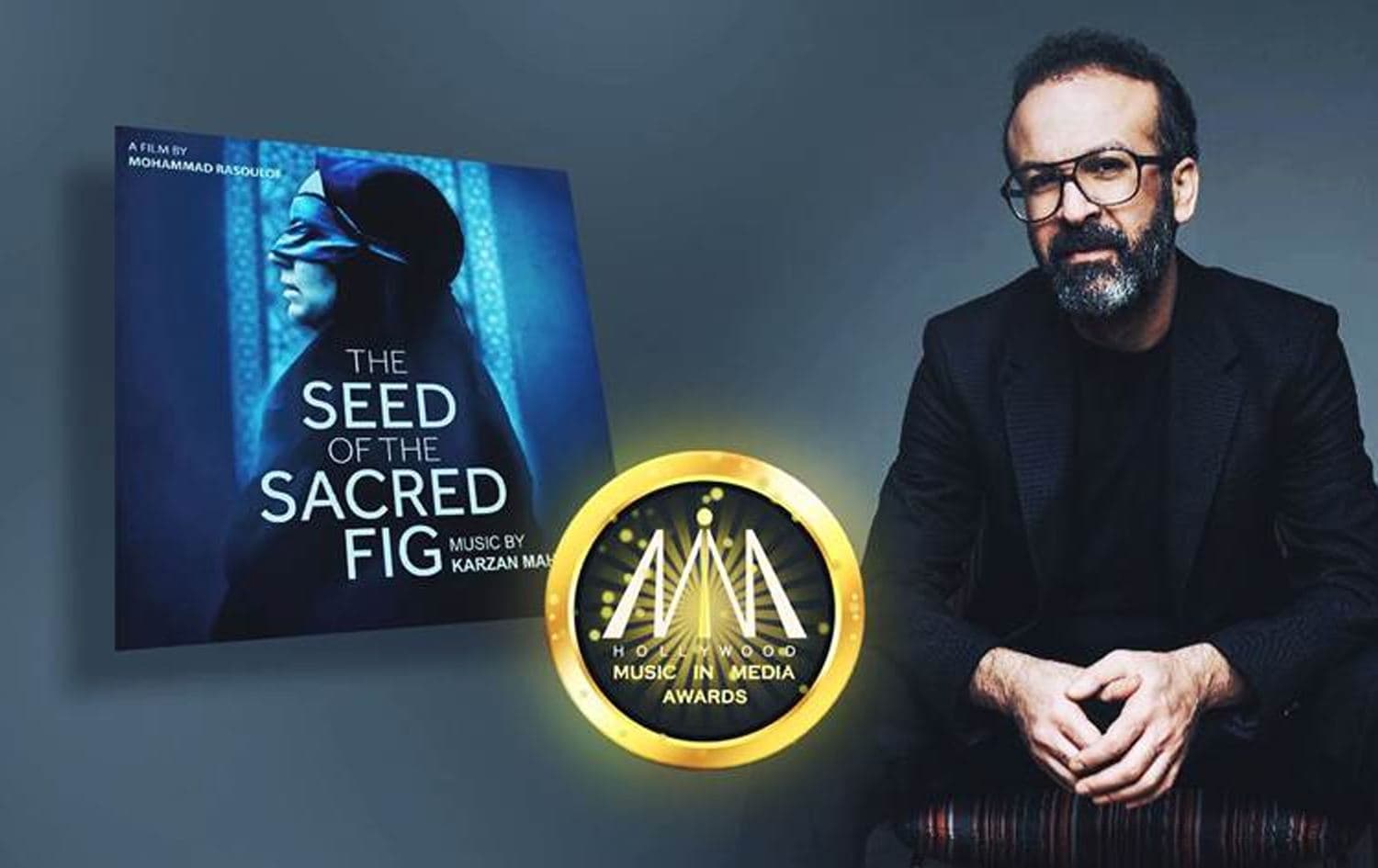 Karzano Mahmood, HMMA logo, and The Seed of the Sacred Fig poster. Graphic: Rudaw