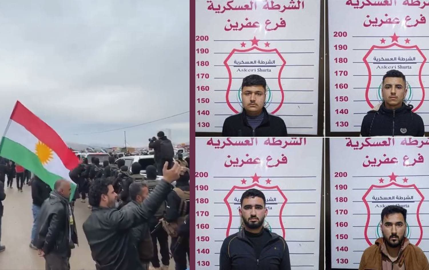 Kurds welcoming Damascus-affiliated forces in Afrin with Kurdistan flag on February 7, 2025 (left) and four Kurds arrested by local forces next day (right). Graphic: Rudaw