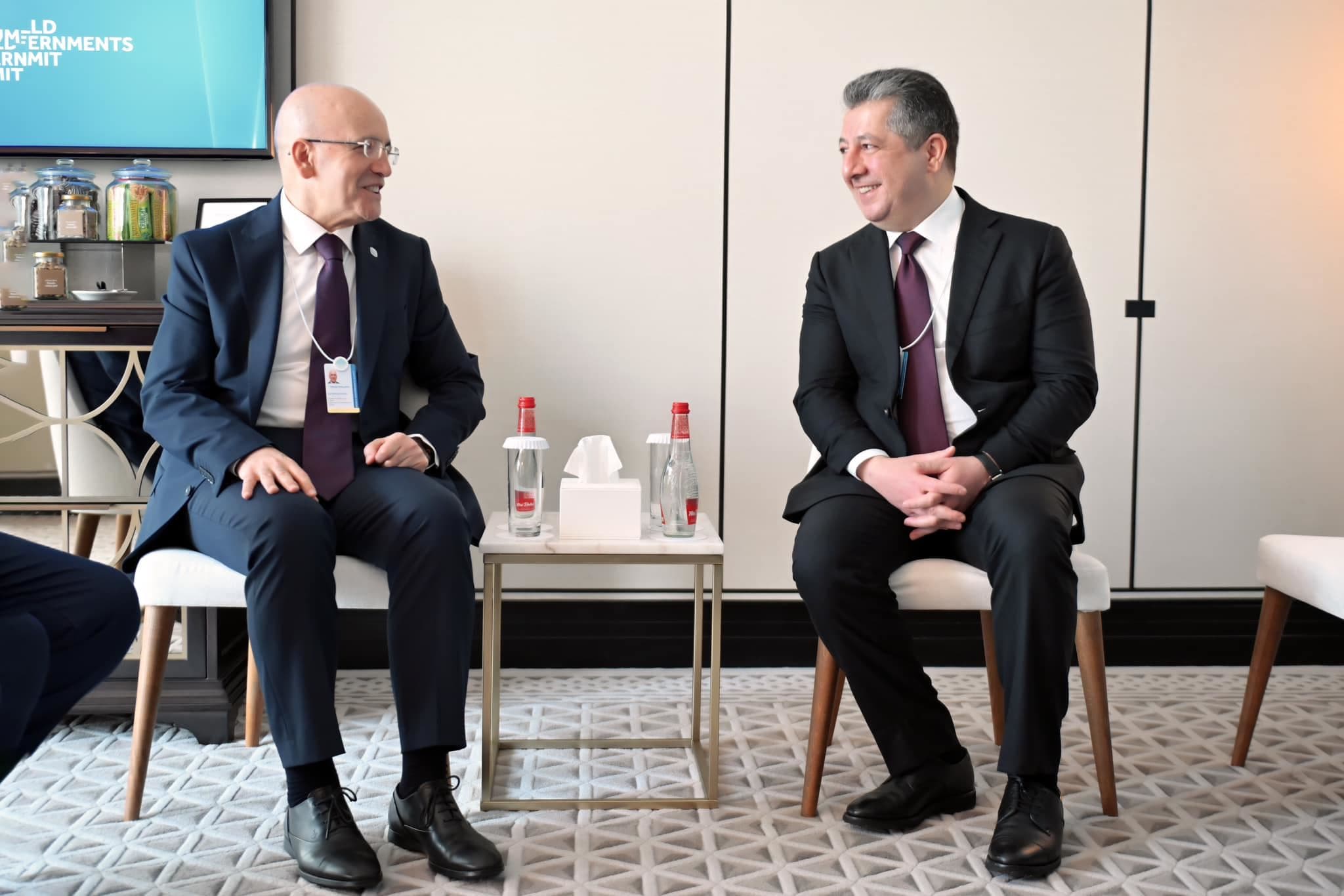 KRG PM Masrour Barzani (right) and Turkey’s Finance Minister Mehmet Simsek (left) meeting at the World Governments Summit in Dubai on February 12, 2025. Photo: KRG