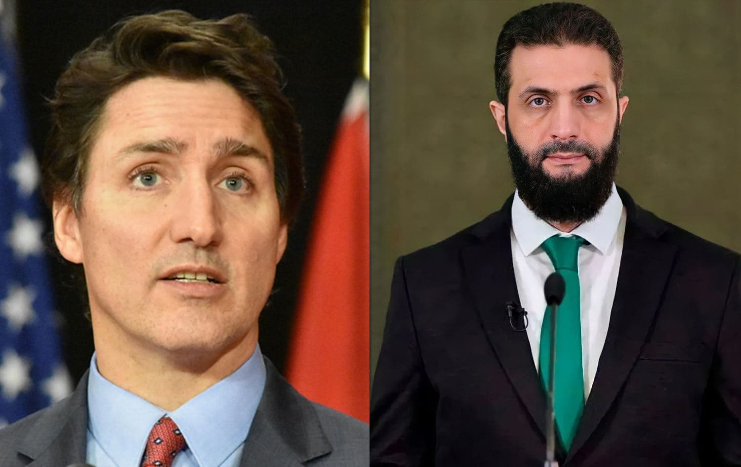 Canadian Prime Minister Justin Trudeau (left) and  Syria’s interim President Ahmed al-Sharaa (right). Graphic: Rudaw 