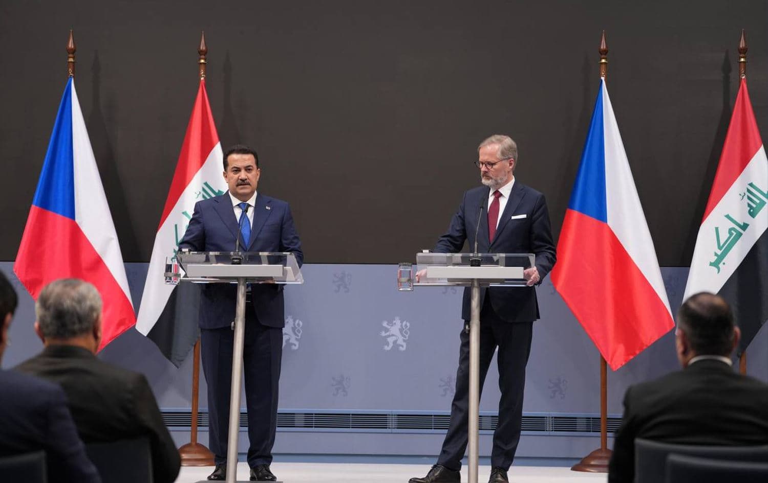 Iraq’s Prime Minister Mohammed Shia’s al-Sudani speaking in a joint press conference with his Czech counterpart Petr Fiala in Prague on February 14, 2025. Photo: Sudani’s office