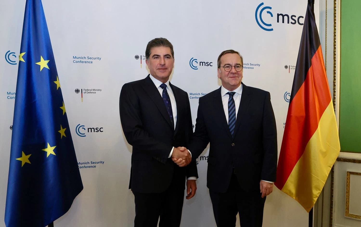 Kurdistan Region President Nechirvan Barzani meeting German Defense Minister Boris Pistorius at the Munich Security Conference (MSC) on February 14, 2025. Photo: Kurdistan Region Presidency