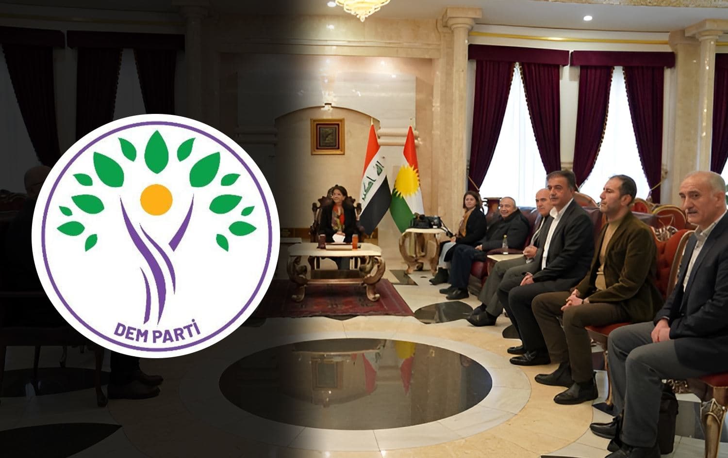 DEM Party logo (left) and the party's delegation after arriving in the Kurdistan Region on February 15, 2025. Graphic: Rudaw