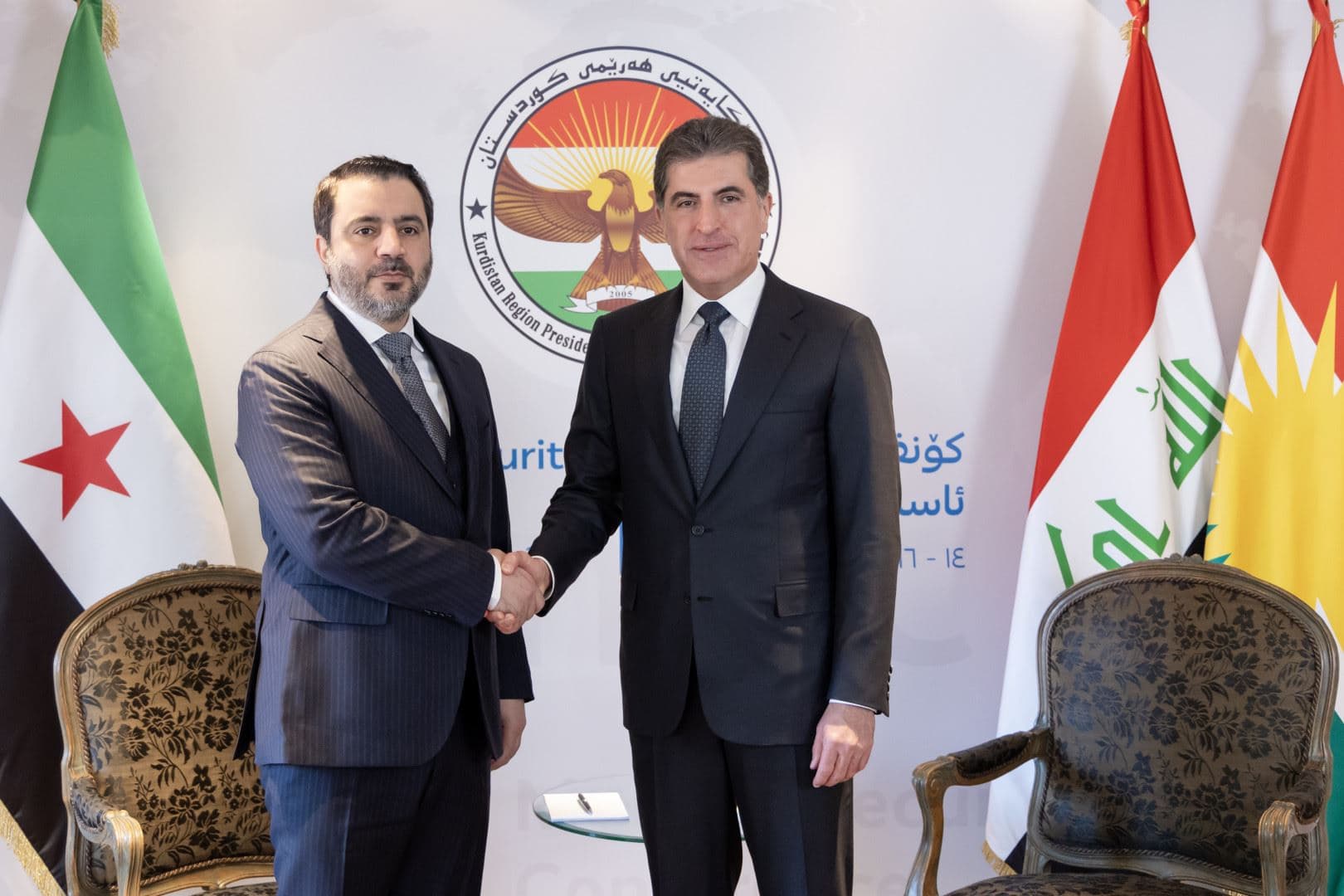  Kurdistan Region President Nechirvan Barzani meets Syrian Foreign Minister Asaad al-Shaibani in Munich, Germany on February 15, 2025. Photo: Kurdistan Region Presidency