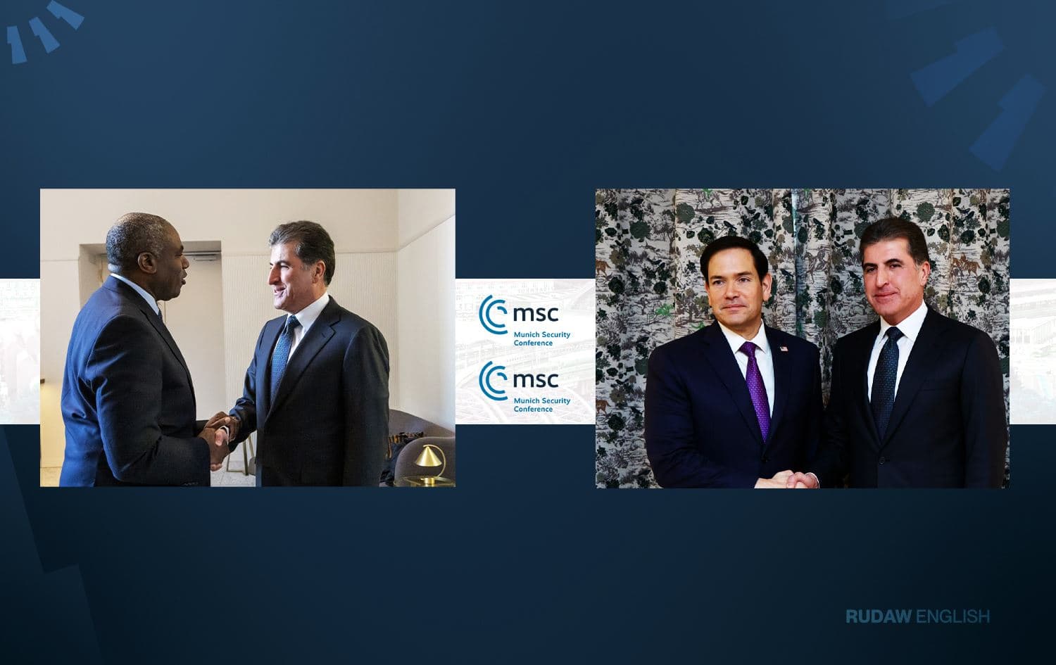 Kurdistan Region President Nechirvan Barzani Meets Senior Officials from the US and UK in Munich, Germany on February 15, 2025. Graphic: Rudaw