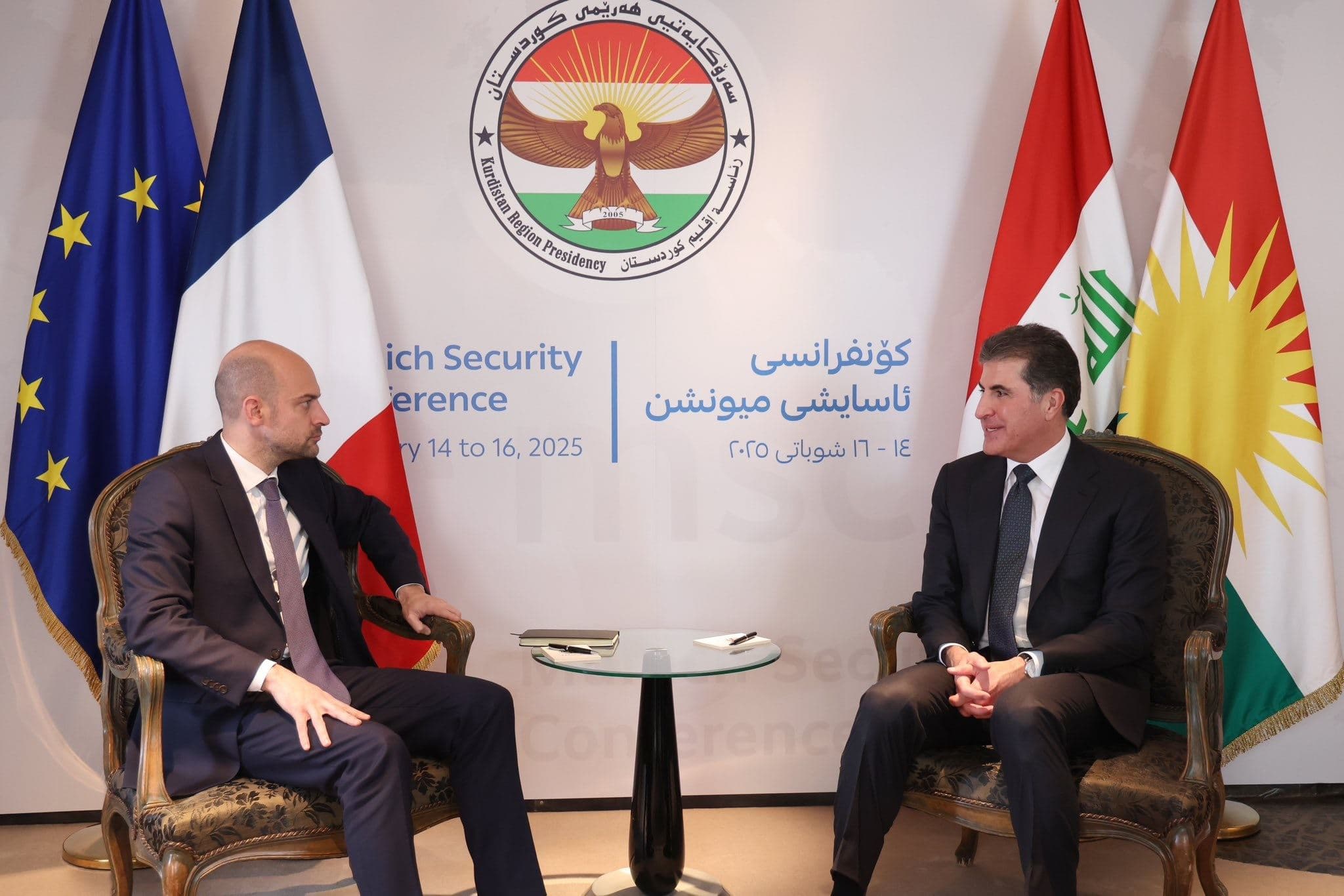 Kurdistan Region President Nechirvan Barzani meets with French Foreign Minister Jean-Noel Barrot in Munich, Germany on February 15, 2025. Photo: Kurdistan Region Presidency