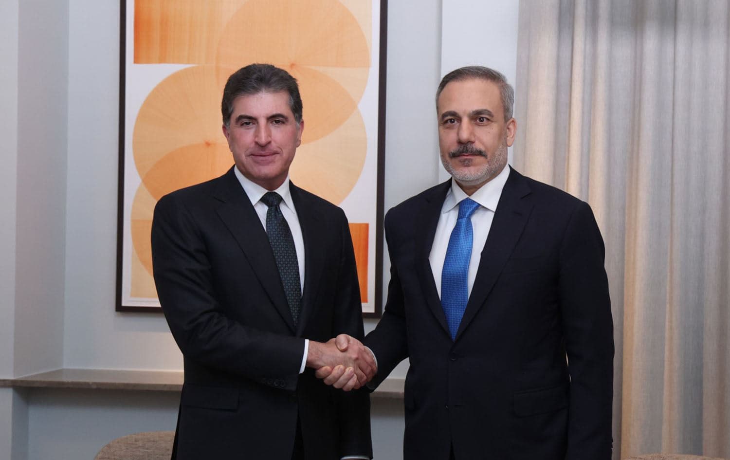 Kurdistan Region President Nechirvan Barzani (left) meeting with Turkish Foreign Minister Hakan Fidan (right) at the Munich Security Conference (MSC) on February 15, 2025. Photo: Kurdistan Region Presidency 