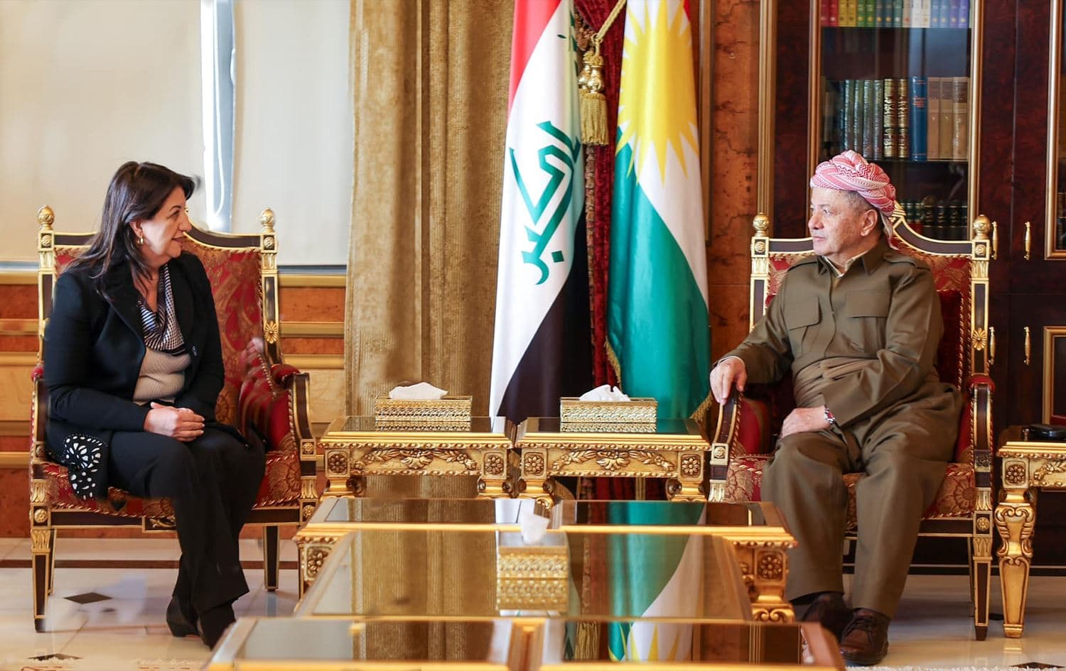 Kurdistan Democratic Party (KDP) leader Masoud Barzani (right) and pro-Kurdish Peoples' Equality and Democracy Party (DEM Party) lawmaker Pervin Buldan (left) in a meeting in Erbil on February 16, 2025. Photo: Barzani's office 