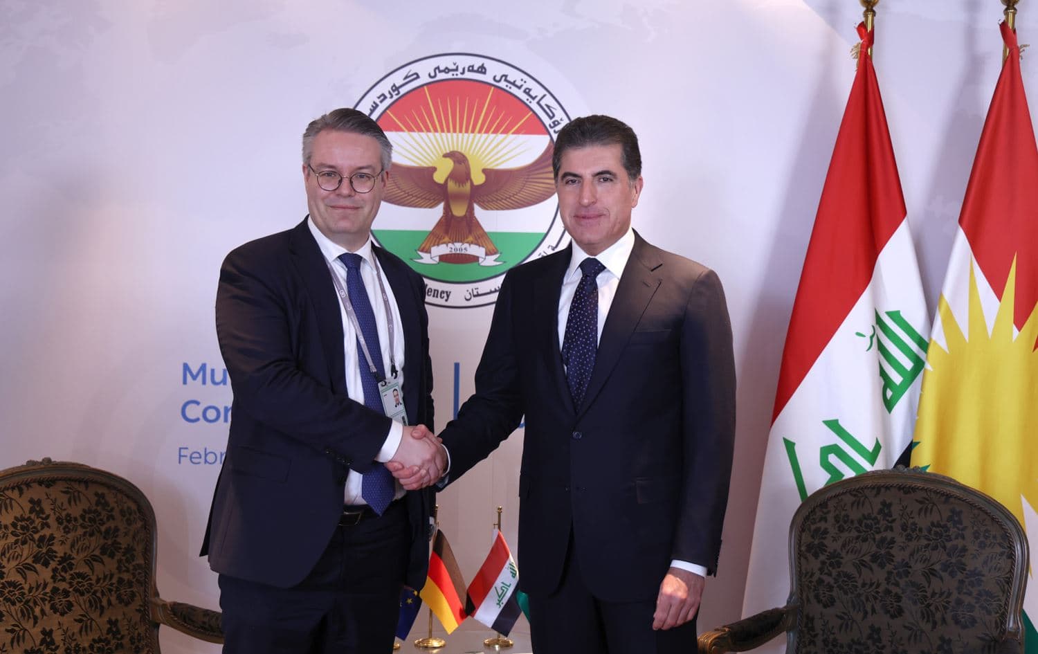 Kurdistan Region President Nechirvan Barzani (right) meeting with Tobias Lindner, Minister of State at Germany’s Federal Foreign Office (left) on the sidelines of the Munich Security Conference on February 16, 2025. Photo: Kurdistan Region Presidency