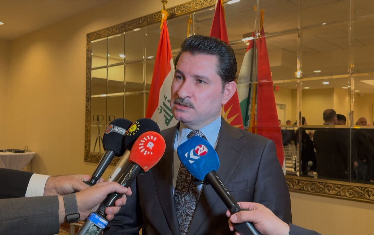Shakhawan Abdullah, second deputy speaker of the Iraqi parliament, speaking to reporters in Washington on February 17, 2025. Photo: Rudaw