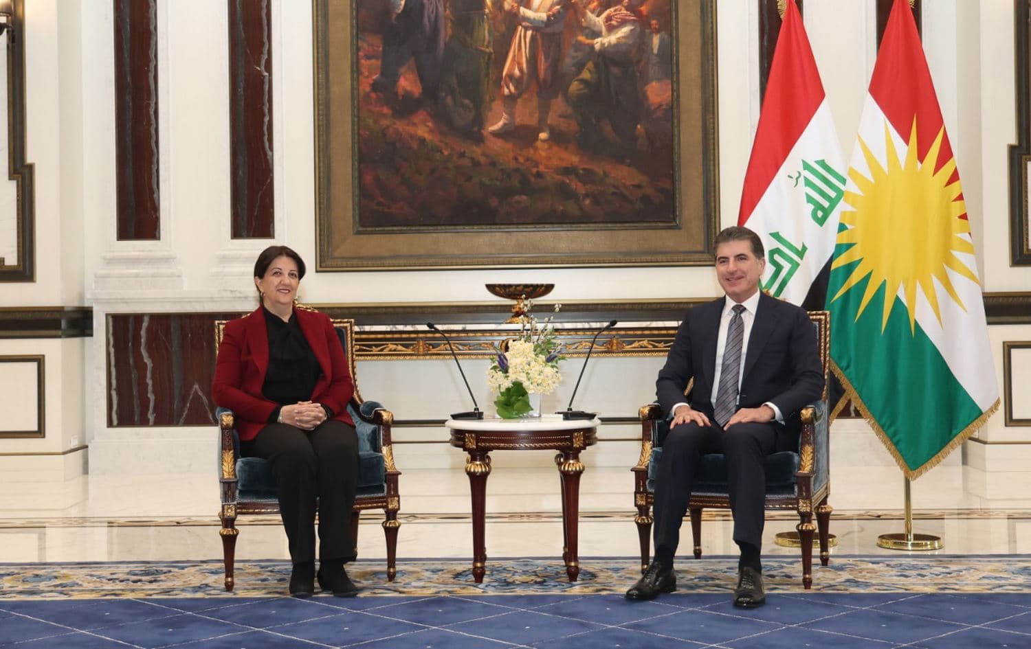 Kurdistan Region President Nechirvan Barzani (right) and Pervin Buldan from the pro-Kurdish Peoples' Equality and Democracy Party (left) in a meeting in Erbil on February 17, 2025. Photo: Kurdistan Region Presidency
