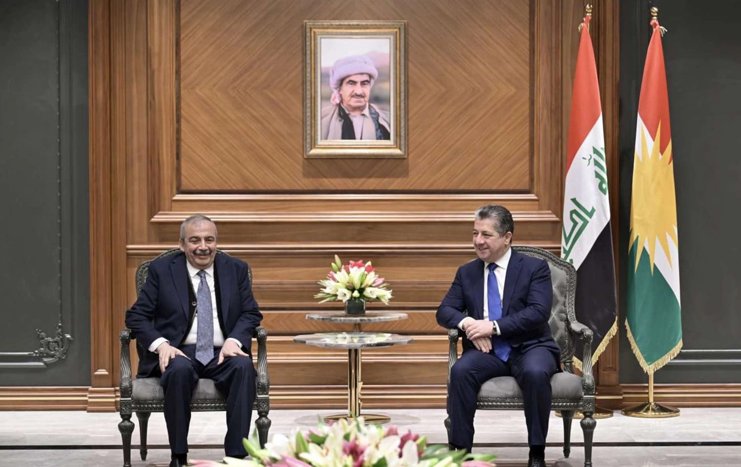 Kurdistan Region Prime Minister Masrour Barzani (right) meeting with lawmaker Siri Sureyya Onder (right) from Turkey's pro-Kurdish Peoples' Equality and Democracy Party (DEM Party) in Erbil on February 19, 2025. Photo: KRG