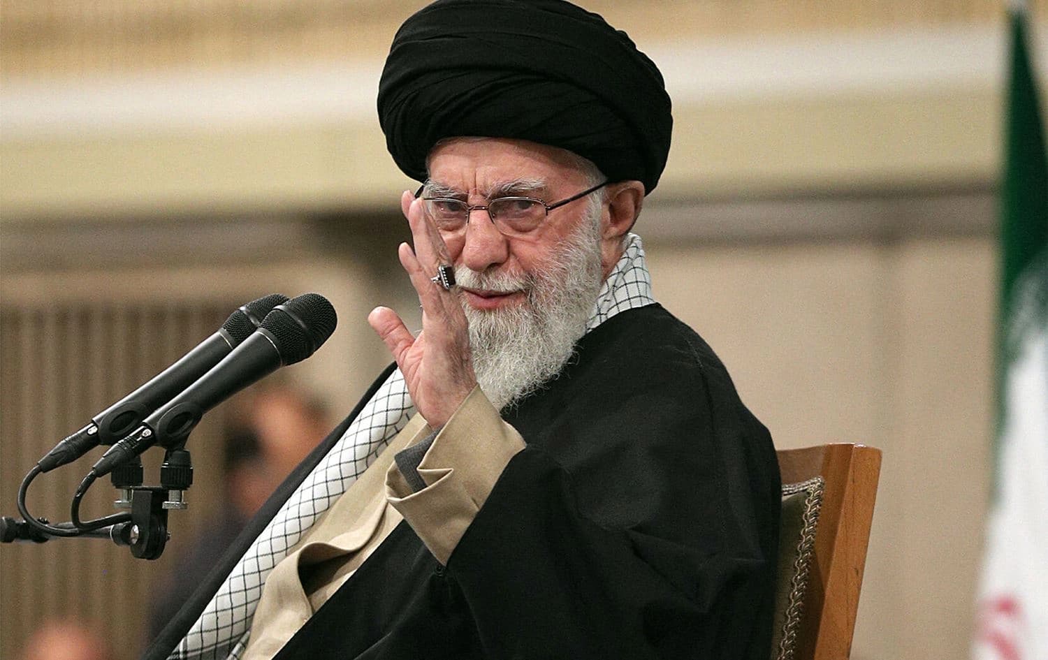 Iran's Supreme Leader Ayatollah Ali Khamenei greeting attendants during a meeting in Tehran on February 17, 2025. Photo: Khamenei.ir/AFP