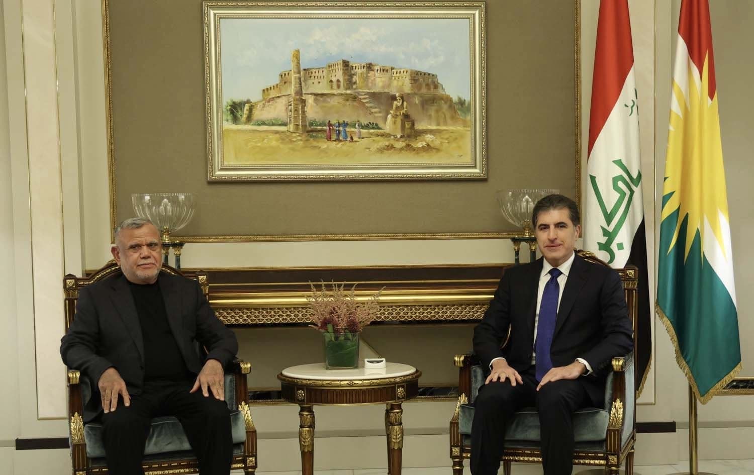 Kurdistan Region President Nechirvan Barzani (right) recieves Iraqi Shiite politician head of the Badr organization Hadi al-Ameri (left) in Erbil on February 26, 2025. Photo: Kurdistan Region Presidency