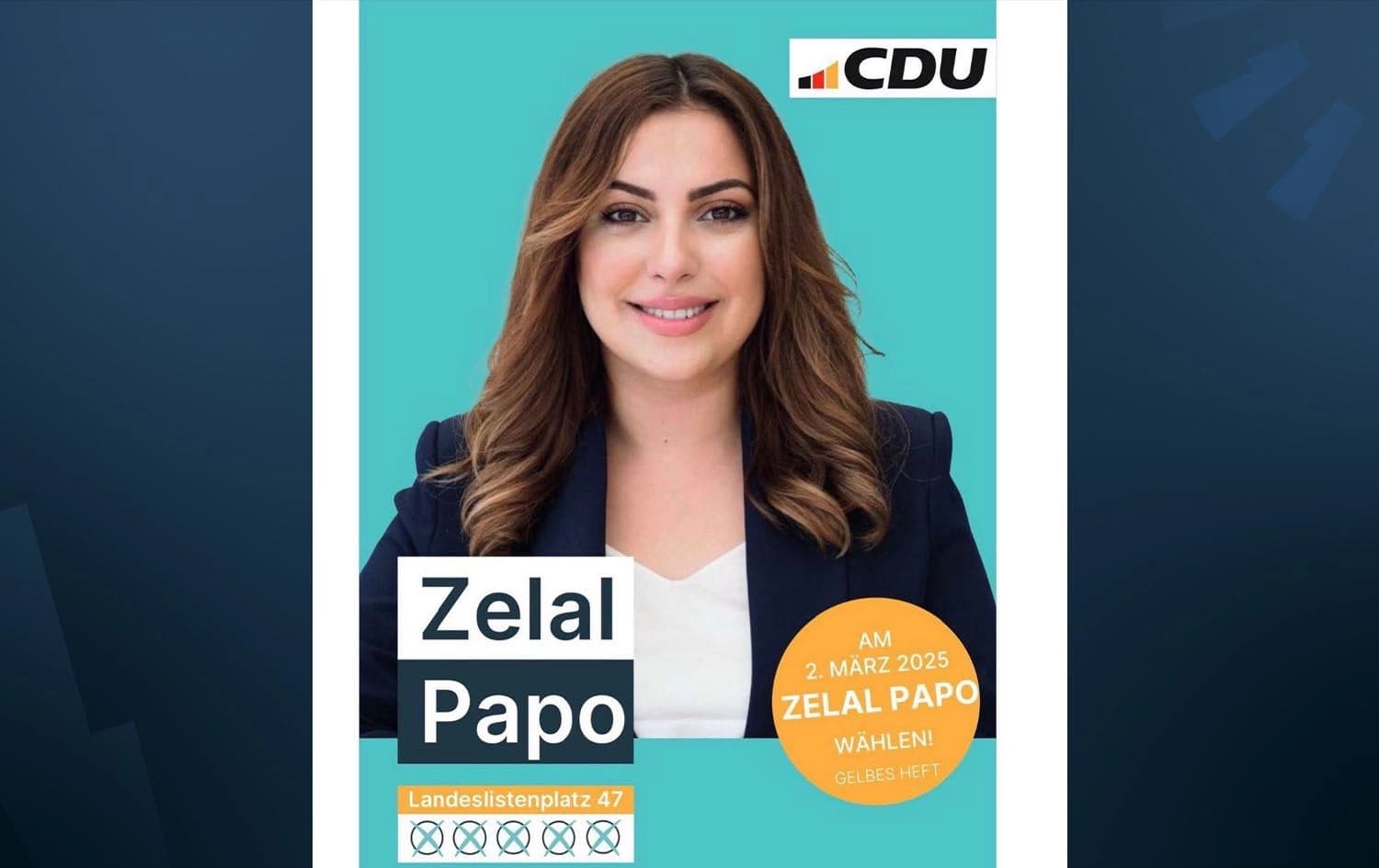 A campaign poster for Zalal Papo, a Kurdish Christian Democratic Union (CDU) member running for the Hamburg state parliament. Photo: Zalal Papo/Instagram