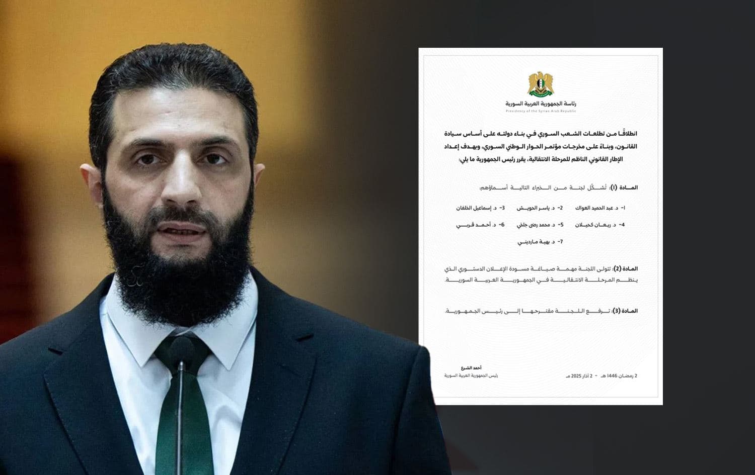 Syrian interim president Ahmad al-Sharaa and a decree he issues on March 2, 2025. Graphic: Rudaw