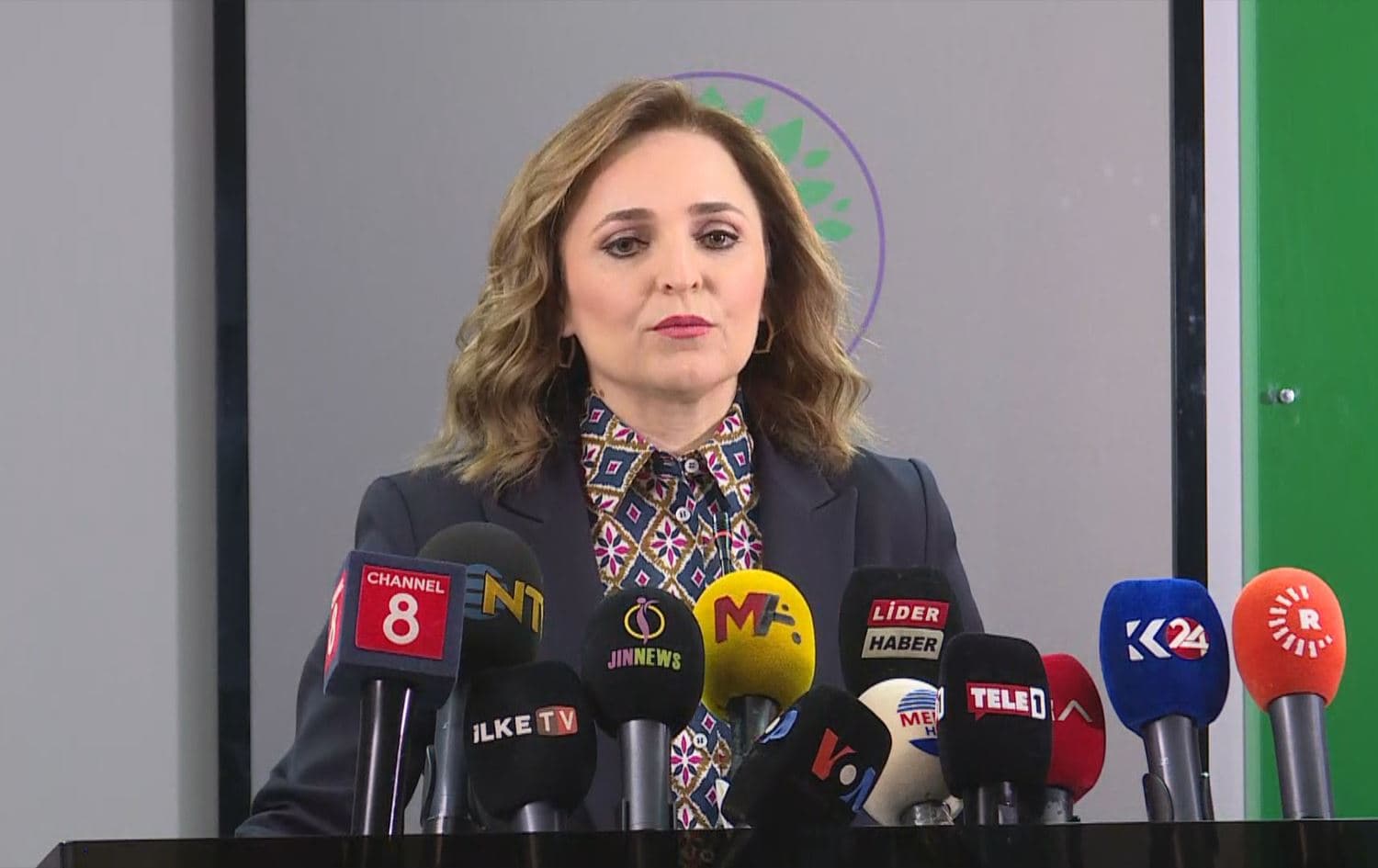 The Peoples’ Equality and Democracy Party (DEM Party) spokesperson, Aysegul Dogan, speaking during a press conference on March 3, 2025. Photo: Screengrab/Rudaw