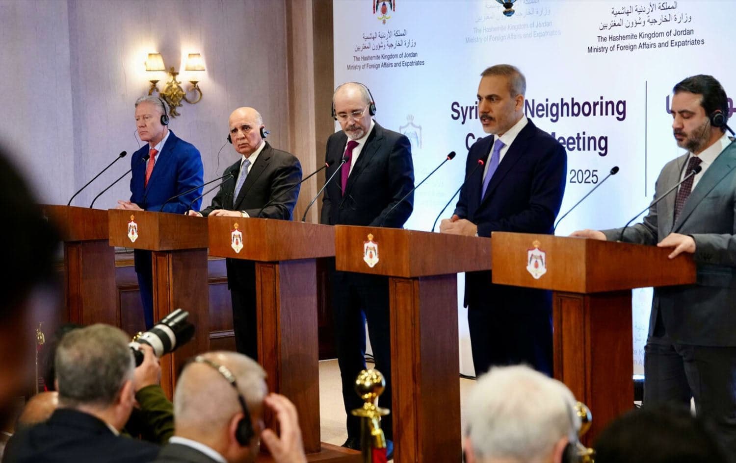 From left to right, foreign ministers of Lebanon, Iraq, Jordan, Turkey, and Syria in a regional security summit in Amman, Jordan, on March 9, 2025. Photo: Iraqi foreign affairs ministry