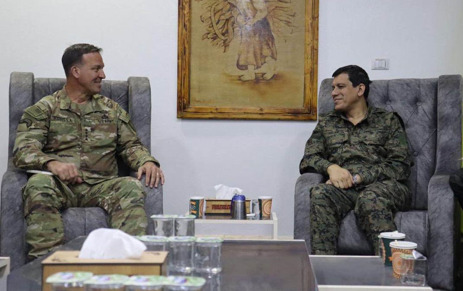 US Central Command (CENTCOM) Commander General Michael "Erik" Kurilla (left) in a meeting with Syrian Democratic Forces (SDF) commander Mazloum Abdi. File photo: SDF
