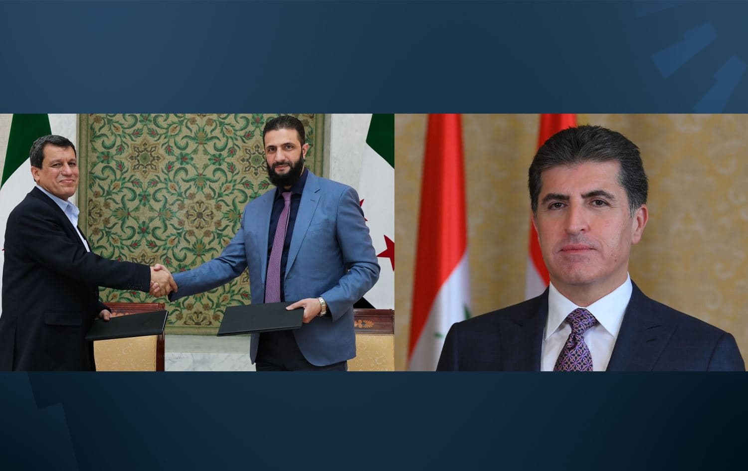 From left: Syrian leader Ahmed al-Sharaa and SDF chief Mazloum Abdi sign a landmark agreement on March 10, 2025., and Kurdistan Region President Nechirvan Barzani. Graphic: Rudaw