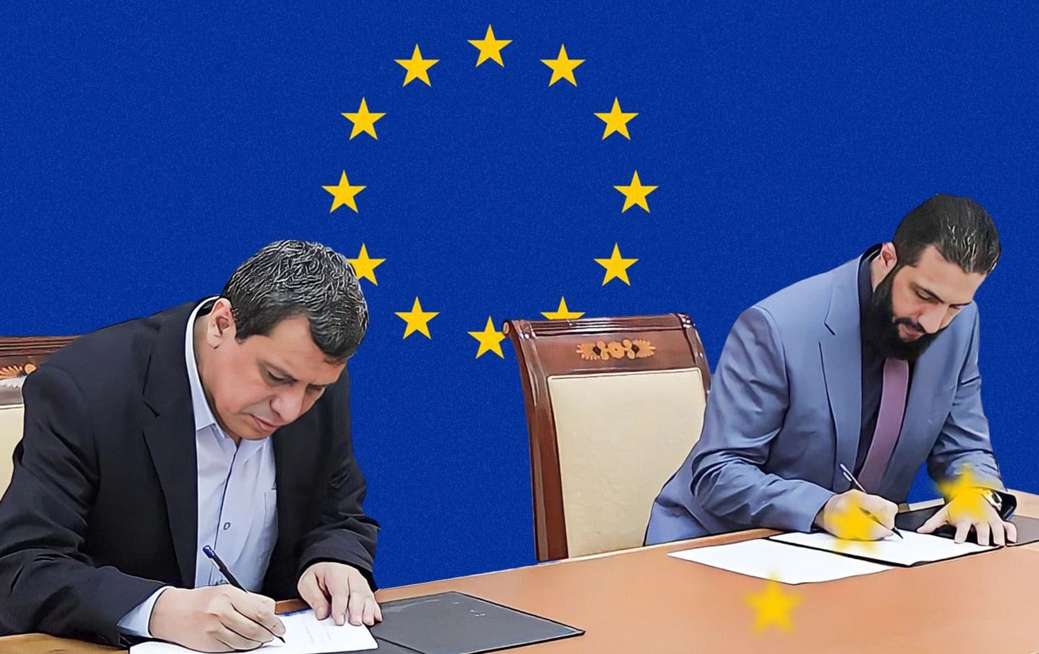 ساتی واژۆکردنی رێککەوتنەکە؛ وێنەکە لەلایەن دیجیتاڵ کرەیتیڤی رووداو دیزایین کراوە و ئاڵای ئەکێتییی ئەورووپا لە پشتەوەیان دانراوە