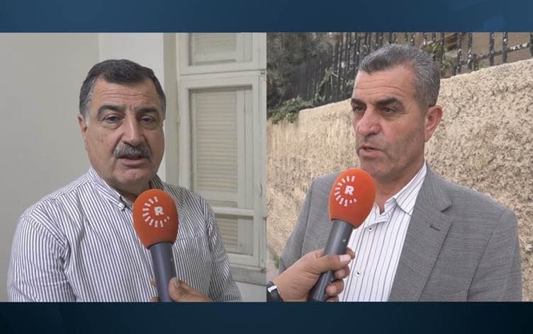 Ali Rahmoun (left), the deputy co-chair of the Syrian Democratic Council (SDC) and Mahabad Tizyani (right), the head of ENKS bureau, speaking to Rudaw in Damascus on March 18, 2025. Graphic: Rudaw