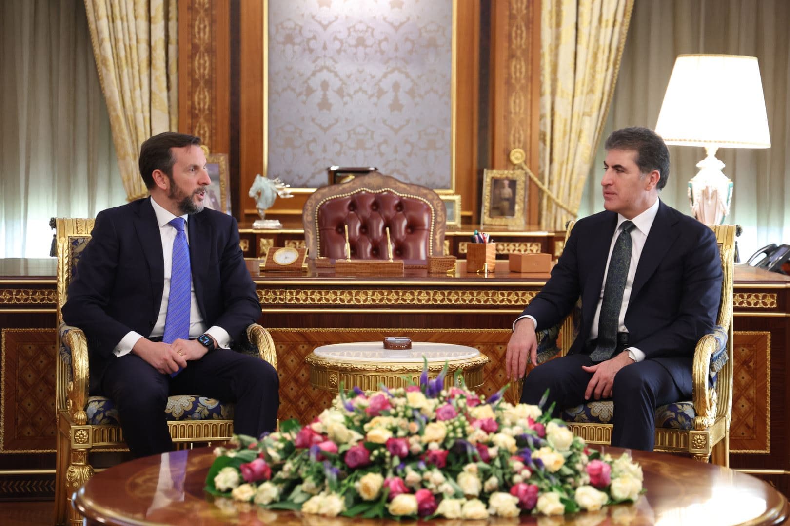 Italian Ambassador to Iraq Niccolo Fontana (left) and Kurdistan Region President Nechirvan Barzani (right) in a meeting in Erbil on March 19, 2025. Photo: Kurdistan Region Presidency