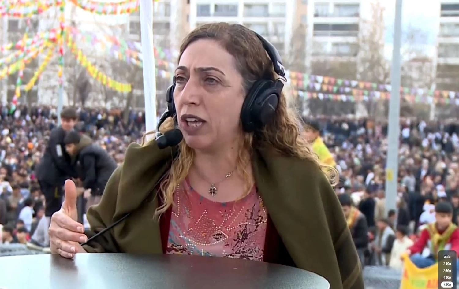 Salihe Aydeniz, an MP from DEM Party, speaks to Rudaw amid huge public gathering in Amed on the occasion of Newroz on March 21, 2025. Photo: Screengrab/Rudaw