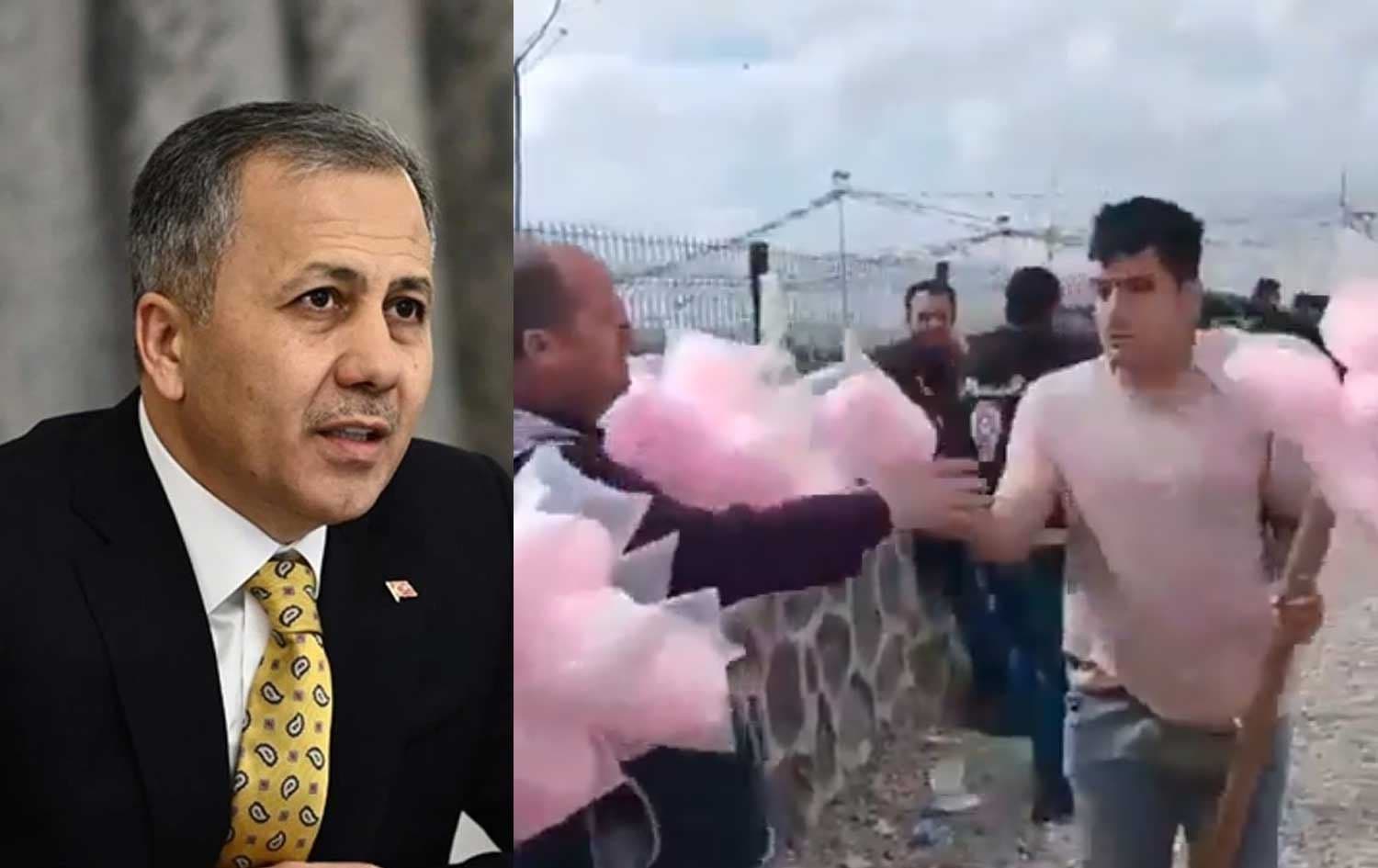 وێنەیەکی وەزیری ناوخۆی تورکیا و دیمەنێک لە کاتی کڕینی پەشمەکەکە لەلایەن دوو پۆلیسەکەوە