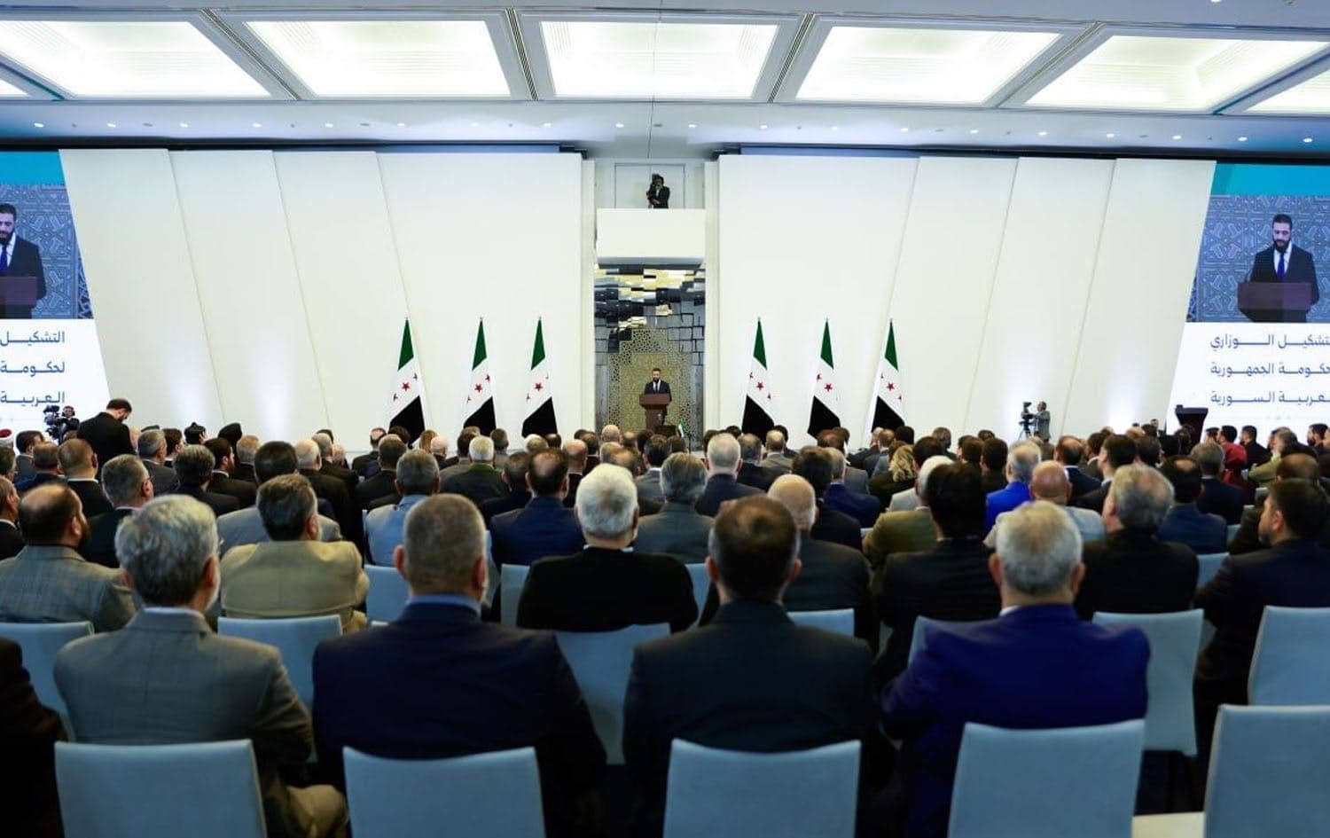 Syria's interim President Ahmed Sharaa announcing the new cabinet on March 29, 2025 in Damascus. Photo: SANA