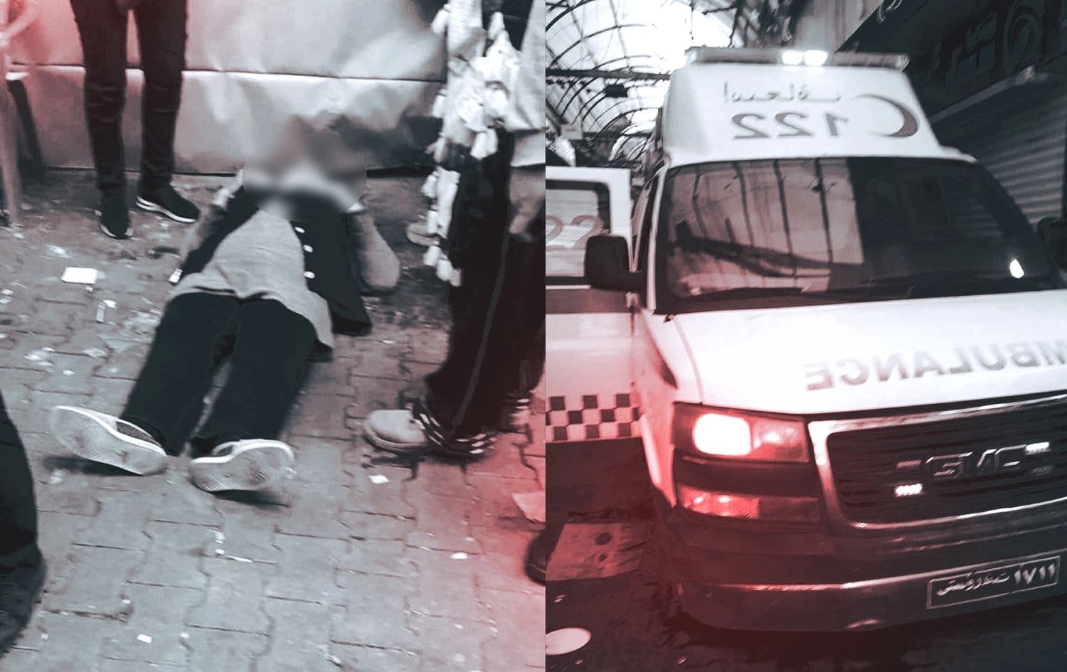 وێنەیەکی شوێنی رووداوەکە کە تێیدا ئامبوڵانسێکی فریاکەوتن و کەسێک دەردەکەوێ کە رەنگە یەکێک لە بریندارەکان بێت