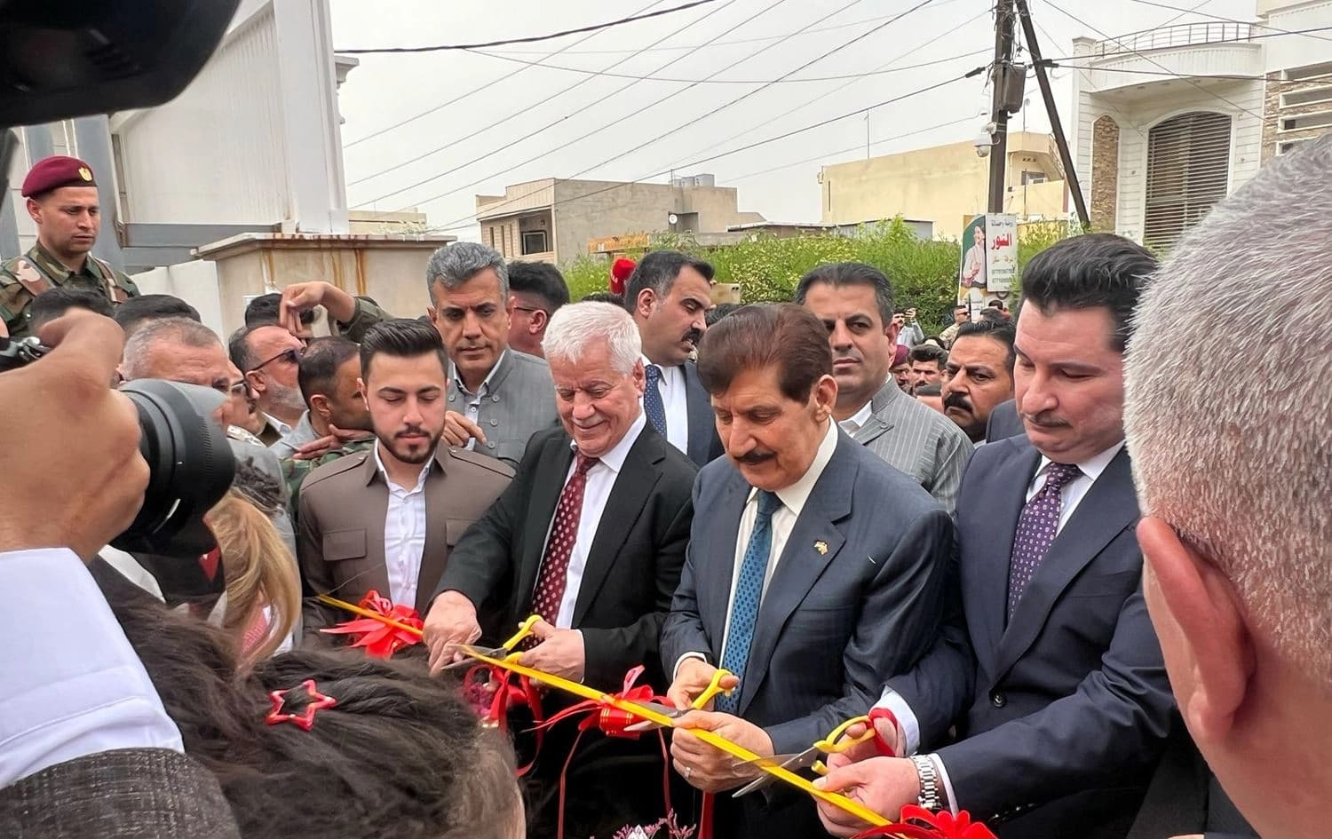 Kurdistan Democratic Party (KDP) officials including politburo secretary Fazel Mirani (center) and Shakhawan Abdullah, second deputy speaker of the Iraqi parliament (right) opening the party's Kirkuk office on April 5, 2025. Photo: Hardi Mohammed/Rudaw