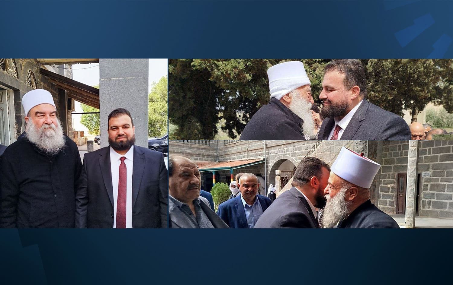 Governor of Syria’s Suwayda province, Mustafa al-Bakur, meets the Druze community’s spiritual leaders Hikmat al-Hajari (left), Hammoud al-Hannawi (top right) and Youssef Jarbou (bottom right) in Suwayda on April 6, 2025. Photo: SANA