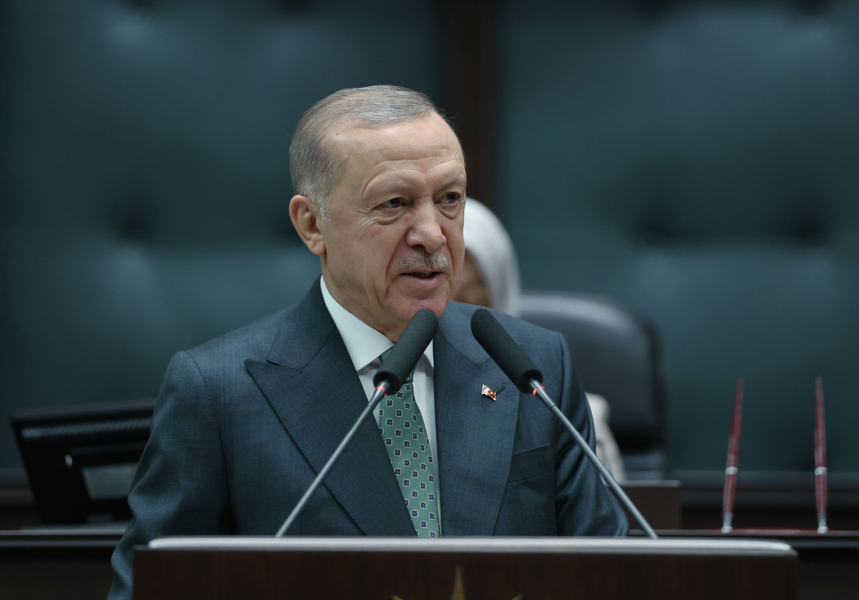 Turkish President Recep Tayyip Erdogan speaking at an AKP meeting on April 9, 2025. Photo: AA