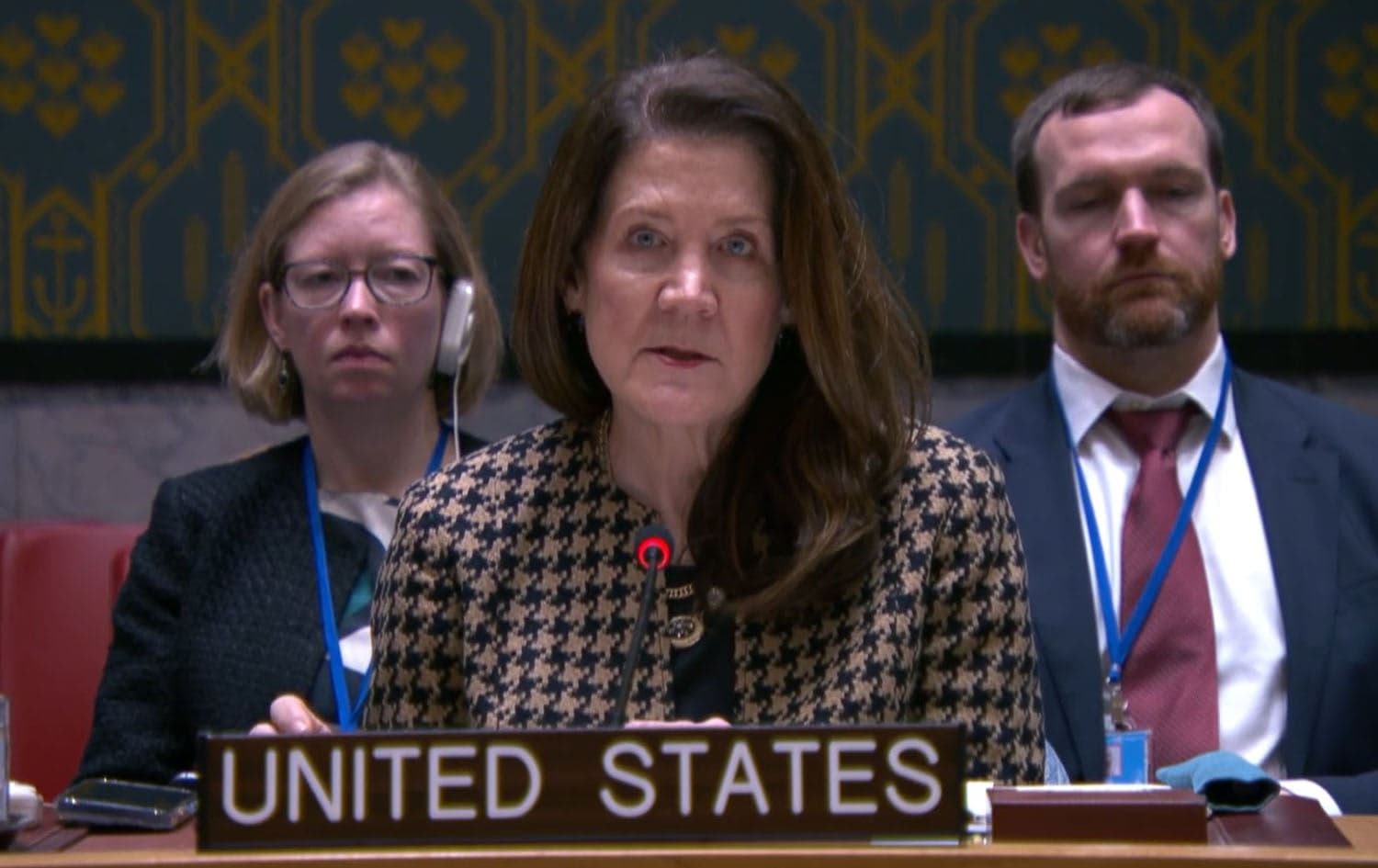 Dorothy Shea, Washington’s ambassador to the United Nations, pictured at a Security Council meeting on April 10, 2025. Photo: US mission to the UN/X